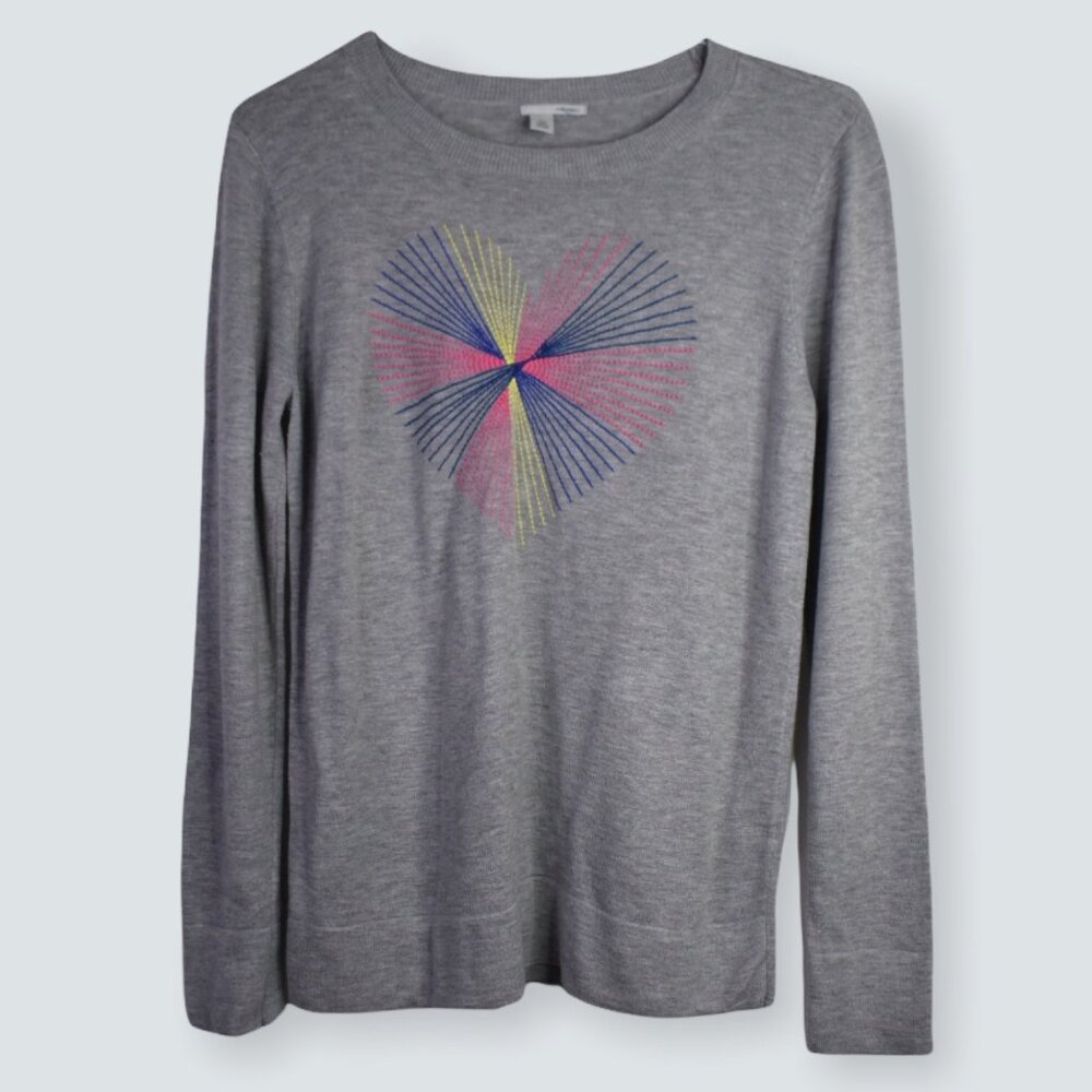 Halogen Sweater L Womens Heart Stitched Crew Neck Long Sleeve Gray Embroidered